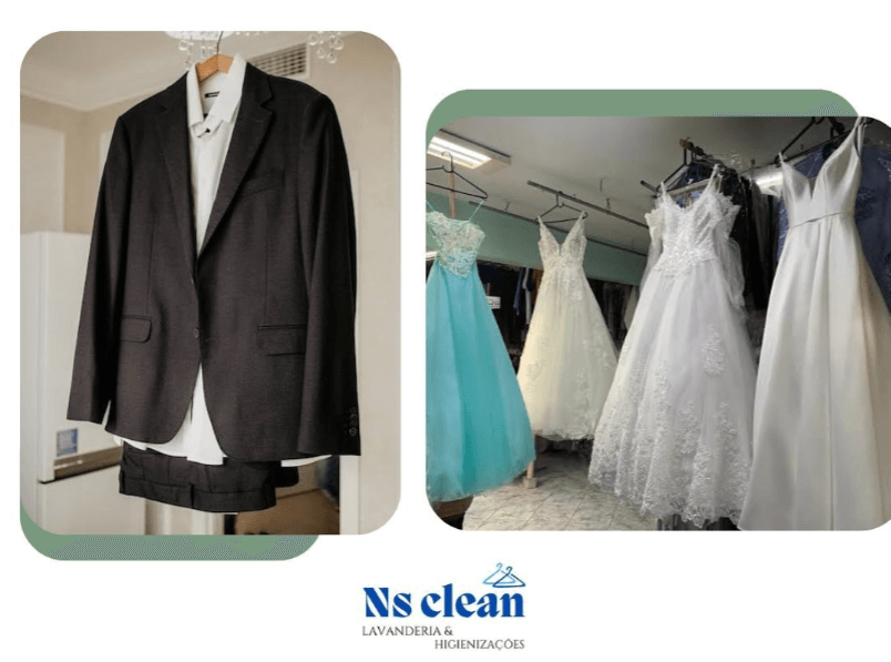 Foto de um terno no cabide e foto de vestidos pendurados